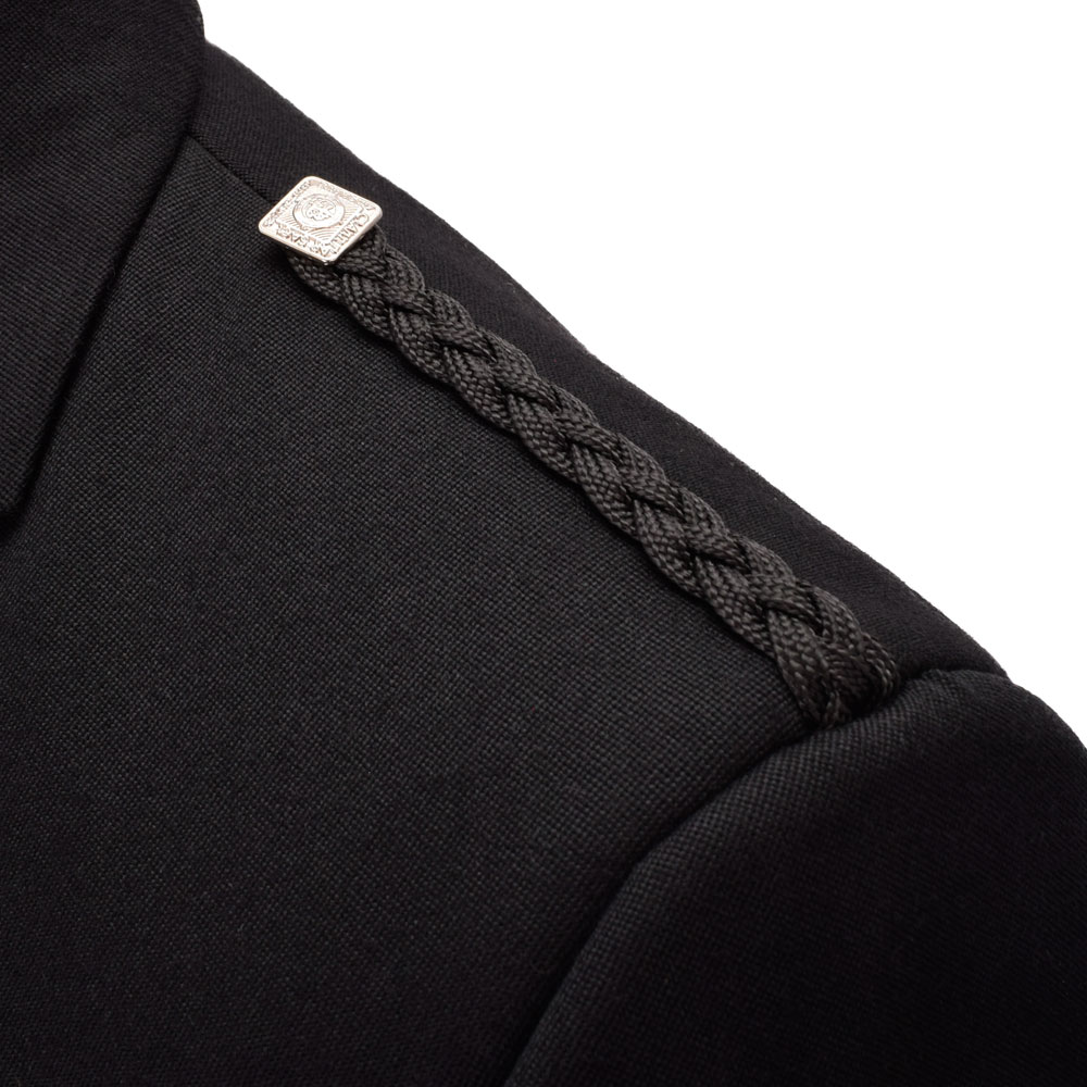 Black barathea Argyll jacket braided epaulette detail