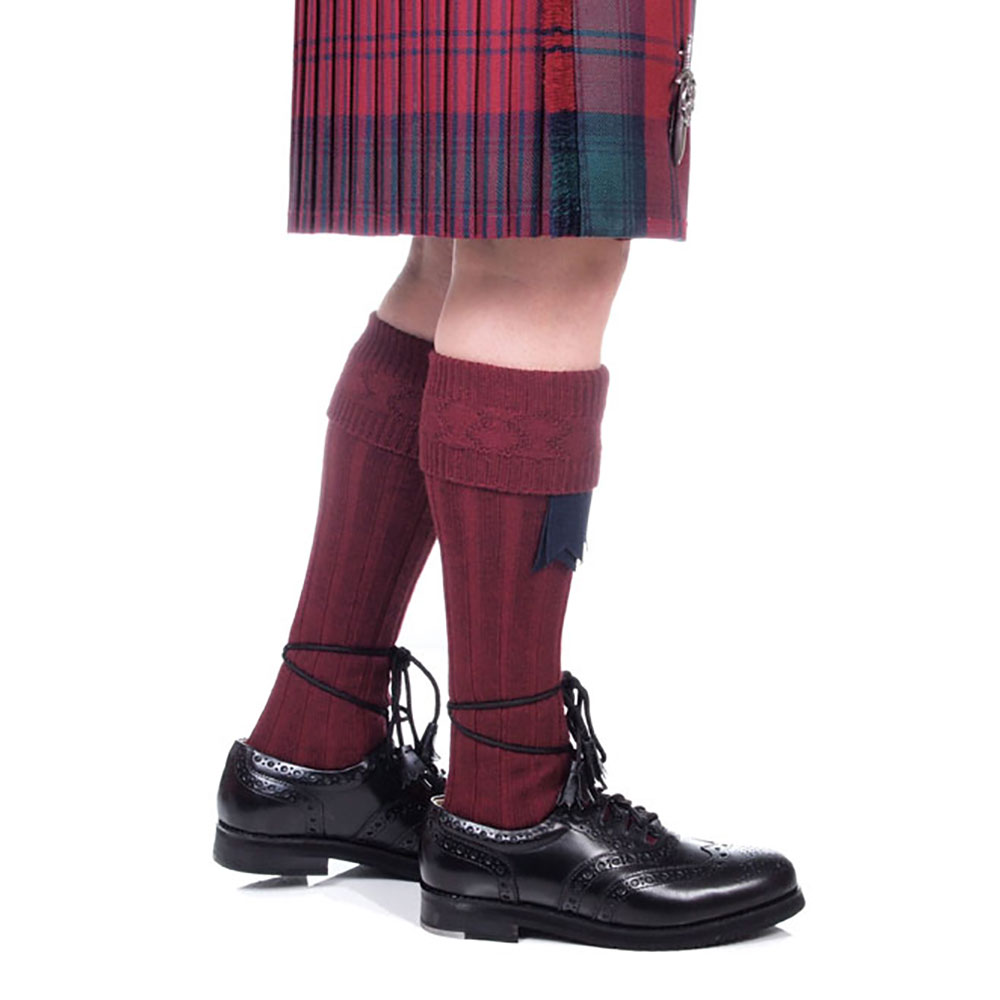 Burgundy traditional kilt hose, front view