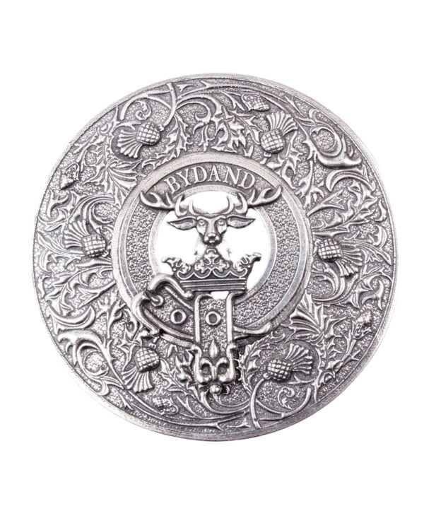 Large Caledonia thistle clan crest plaid brooch