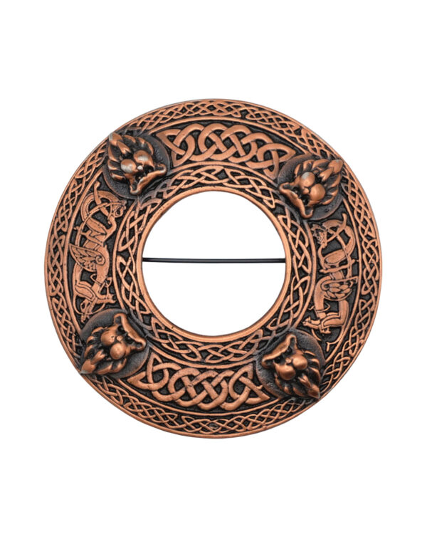 Copper-finish lion head plaid brooch