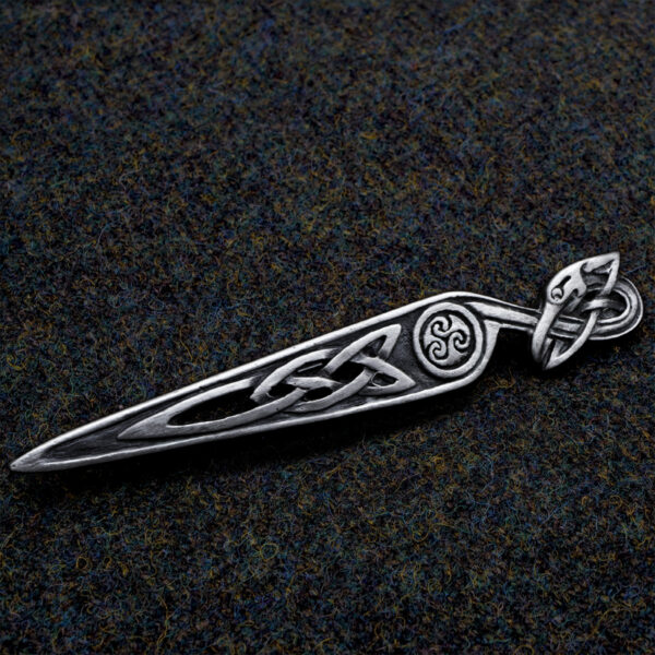 Book of Kells wading bird triskelion kilt pin, square product view