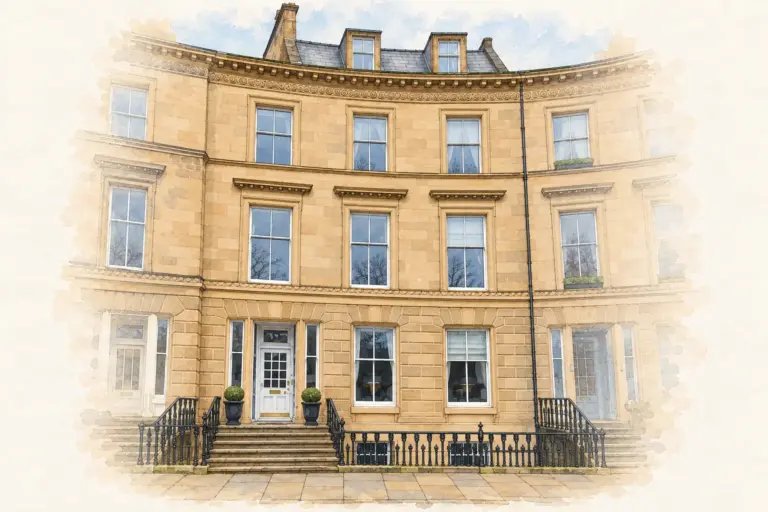Ink and watercolour illustration of 14 Park Circus, Gaelic Themes' first premises in Glasgow