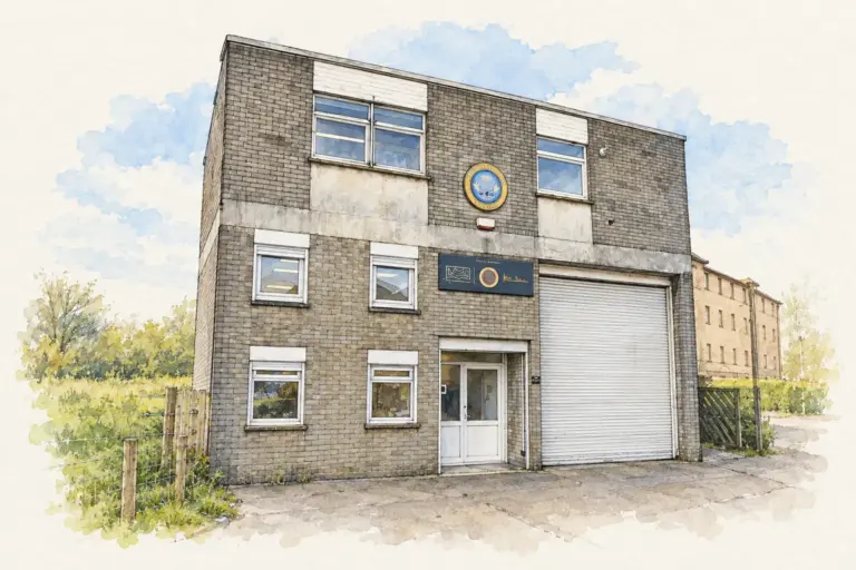 Ink and watercolour illustration of Gaelic Themes' head office at 45 Grovepark Street, Glasgow