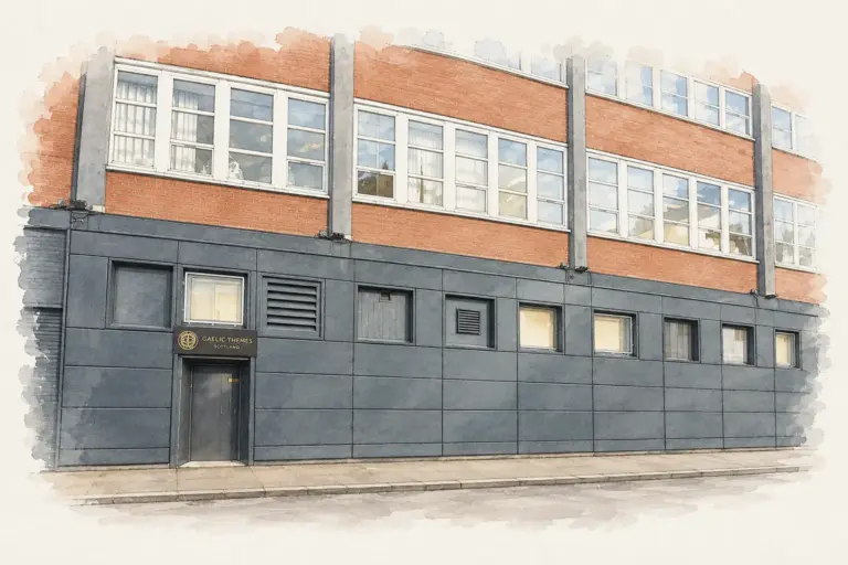 Ink and watercolour illustration of the ground-floor tailoring and kiltmaking workshops at 55 Broad Street, Glasgow