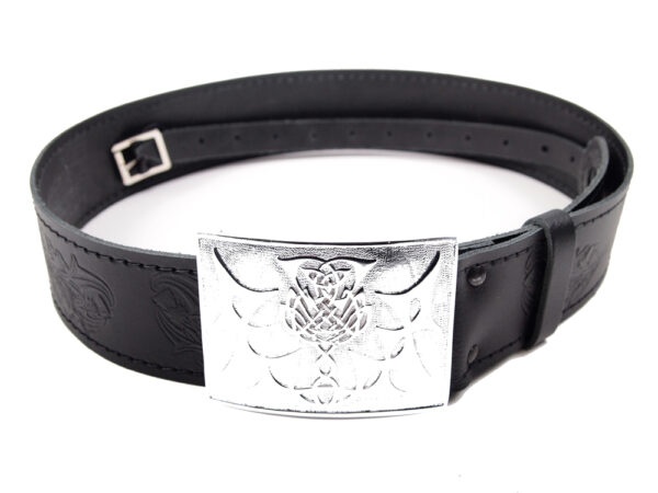 Thistle embossed buckle and strap kilt belt detail view 3