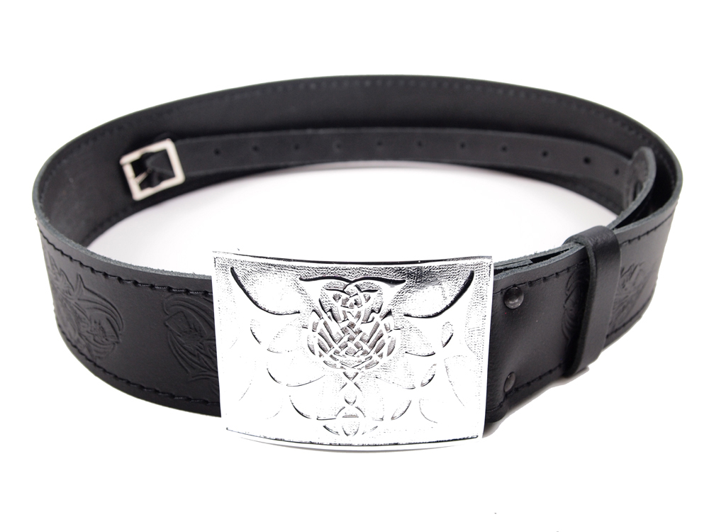 Thistle embossed buckle and strap kilt belt detail view 3