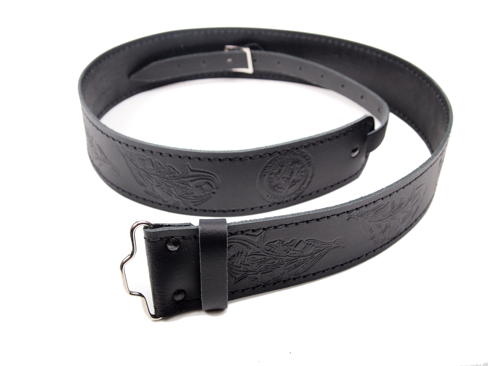 Thistle embossed buckle and strap kilt belt detail view 1