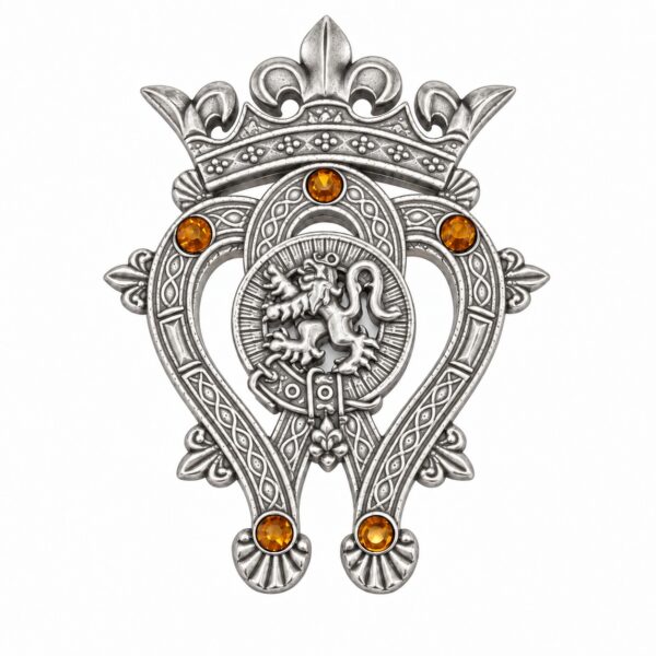 Large Luckenbooth clan crest brooch with five amber coloured stones