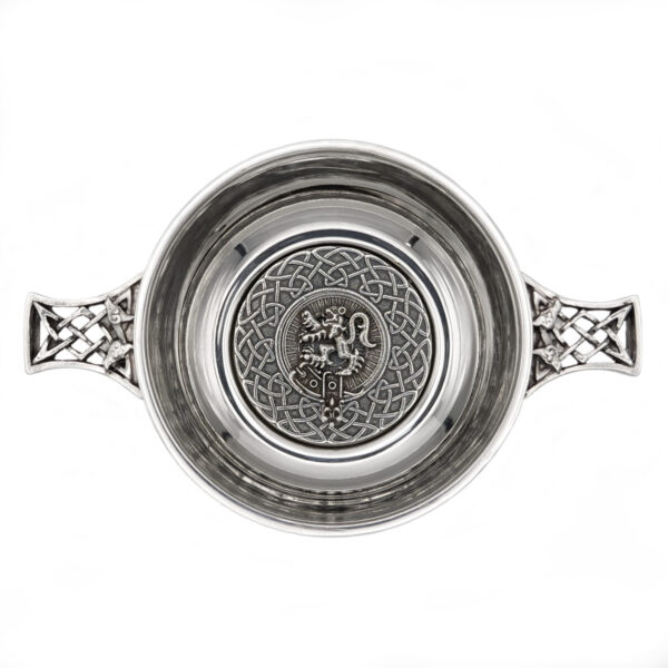Three-inch clan crest quaich with pewter surround, example Lion crest