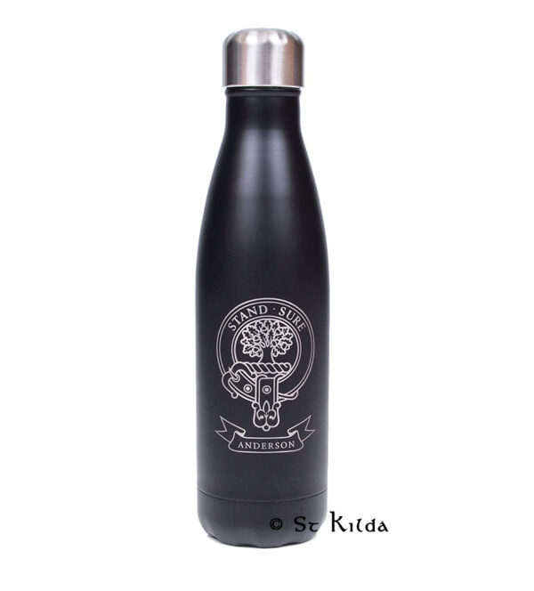 Clan crest water thermos shown with the Anderson crest