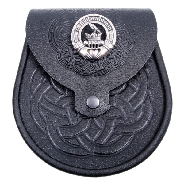 Clan crest day sporran in black leather, example Irish crest