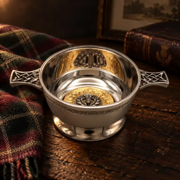 Clan crest quaich with tartan and books