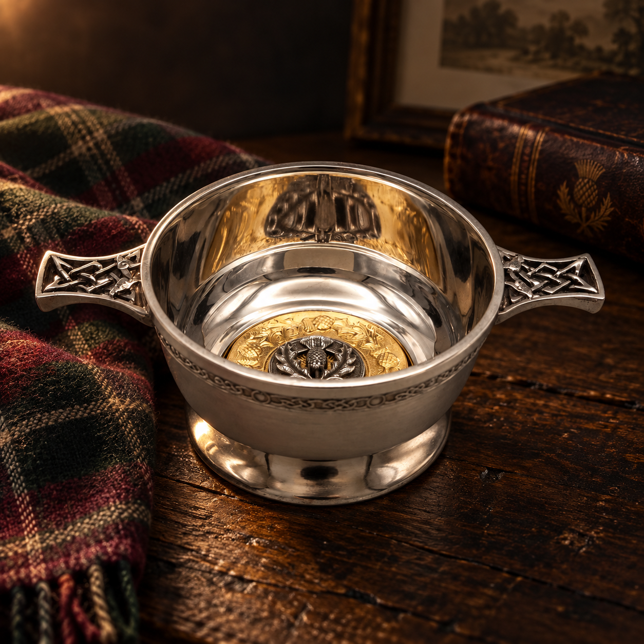 Clan crest quaich in a dark tartan and wood heritage setting