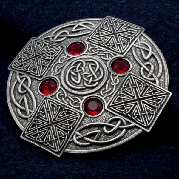 Gemstone Celtic Cross plaid brooch, alternate view