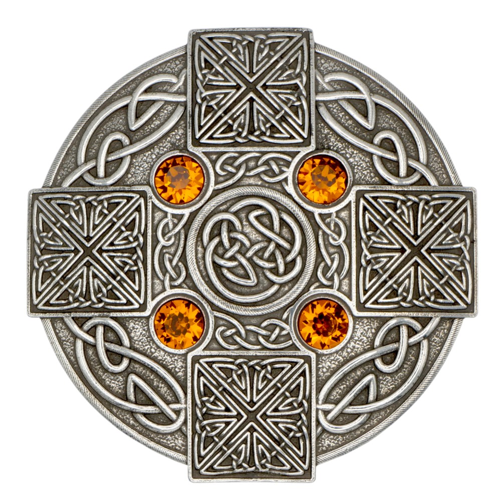 Gemstone Celtic Cross plaid brooch with topaz stones