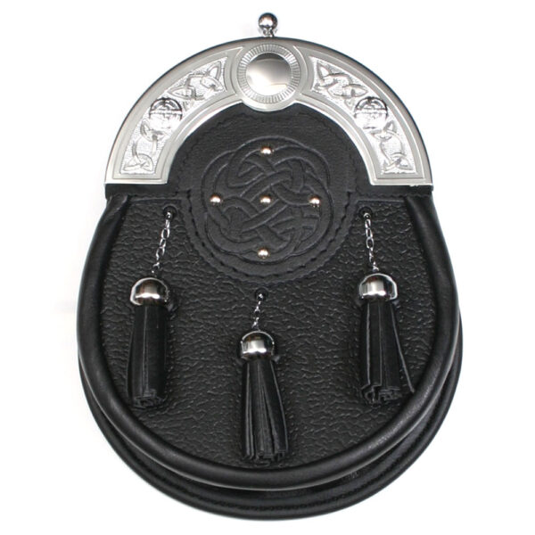 Leather dress sporran with chrome bell tassels and Celtic embossing, product code L-SGT01PB2