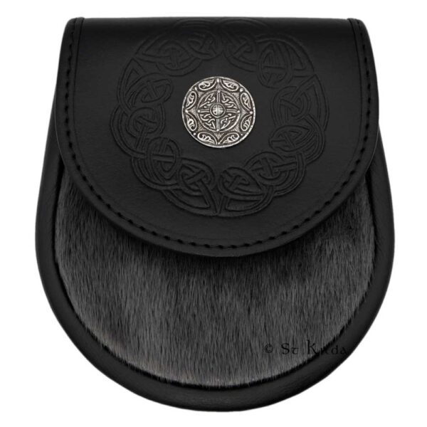 Round-flap semi-dress sporran with Celtic targe boss, product code L-SSD28