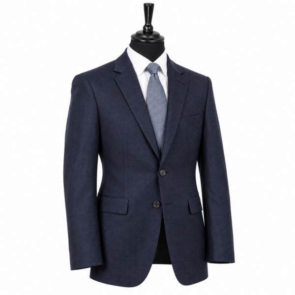 Deep navy made-to-measure suit jacket with two dark buttons, single-welt breast pocket and flapped hip pockets on a black mannequin