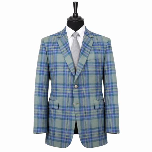 Made-to-measure blue and green tartan suit jacket on a black mannequin with single-welt breast pocket and two flapped hip pockets