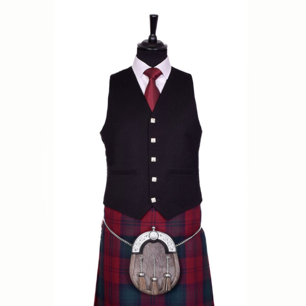 Piper Barathea waistcoat with white shirt, red tie, tartan kilt and sporran