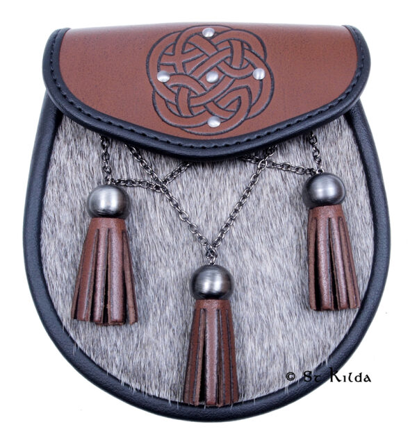 Round Celtic Knot semi-dress sporran in brown leather with antique-silver metalwork
