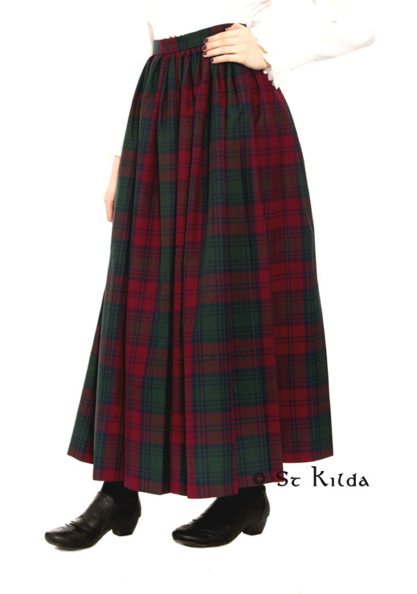 Gathered tartan skirt, angled front view