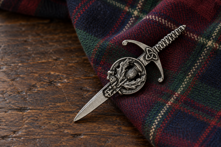 Gaelic Themes Thistle Crest kilt pin on folded tartan and dark oak