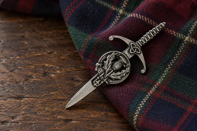 Thistle crest kilt pin against tartan cloth